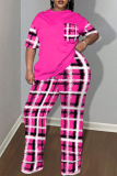 Deep Pink Casual Plaid Print See-Through O Neck Plus Size Two Pieces