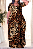 Burgundy Casual Leopard Print Tiger Stripes Pocket Contrast O Neck Printed Plus Size Dresses