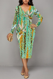 Light Khaki Casual Floral Print Ruched Contrast V Neck Printed Dresses