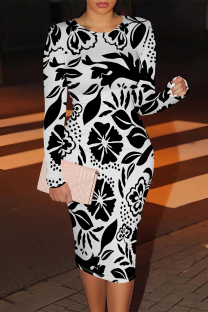 Black And White Elegant Floral Print Contrast O Neck Printed Dresses