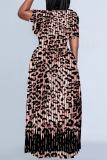 Burgundy Casual Leopard Print Tiger Stripes Pocket Contrast O Neck Printed Plus Size Dresses