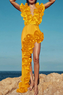 Yellow Sexy Solid Color Backless Irregular Deep V Neck Sleeveless Two Pieces