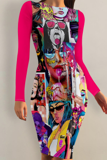 Rose Red Casual Cartoon Print Contrast O Neck Printed Dresses