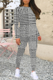 Red Casual Plaid Camouflage Print Contrast O Neck Long Sleeve Two Pieces