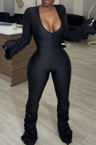 Black Casual Solid Color Patchwork Deep V Neck Skinny Jumpsuits