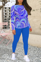 Blue Casual Geometric Print Contrast O Neck Long Sleeve Two Pieces