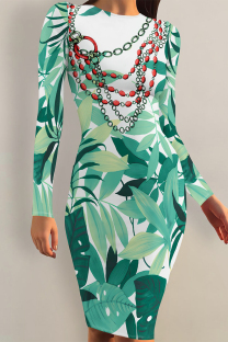 White Green Casual Chain print Leaves Contrast O Neck Printed Dresses