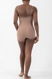 Coffee Sportswear Solid Color Lace Patchwork Spaghetti Strap Skinny Rompers
