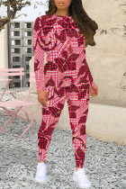 Red Casual Plaid Camouflage Print Contrast O Neck Long Sleeve Two Pieces