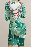 White Green Casual Chain print Leaves Contrast O Neck Printed Dresses