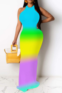 Gradient Color Casual Plaid Striped Print Gradient Contrast O Neck Long Dresses