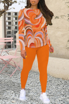 Orange Casual Geometric Print Contrast O Neck Long Sleeve Two Pieces