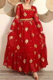 Red Elegant Print Patchwork Square Neck Long Dresses