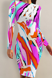 Fuchsia Casual Floral Print Tie Dye Contrast O Neck Printed Dresses