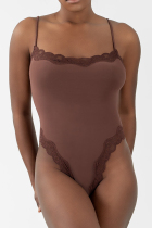 Coffee Daily Solid Color Lace Patchwork Spaghetti Strap Skinny Bodysuits