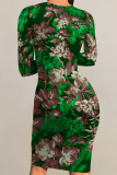 Tibetan Blue Elegant Floral Print Contrast O Neck Printed Dresses