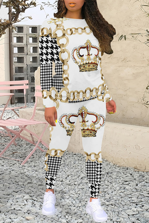 White Casual Plaid Flowers Tiger Stripes Contrast O Neck Long Sleeve Two Pieces