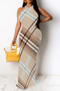 Light Brown Casual Plaid Striped Print Gradient Contrast O Neck Long Dresses