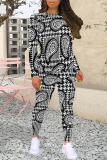 hazel grey Casual Plaid Flowers Tiger Stripes Contrast O Neck Long Sleeve Two Pieces