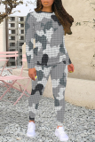 Red Casual Plaid Camouflage Print Contrast O Neck Long Sleeve Two Pieces