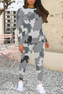 Light Gray Casual Plaid Camouflage Print Contrast O Neck Long Sleeve Two Pieces