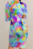 Dark Gray Casual Floral Print Tie Dye Contrast O Neck Printed Dresses
