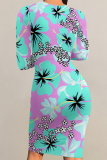 Tibetan Blue Elegant Floral Print Contrast O Neck Printed Dresses
