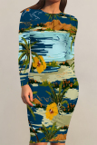 Tibetan Blue Elegant Floral Print Contrast O Neck Printed Dresses