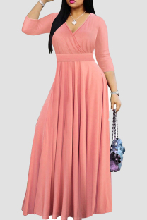 Pink Casual Solid Color Patchwork V Neck Long Dresses