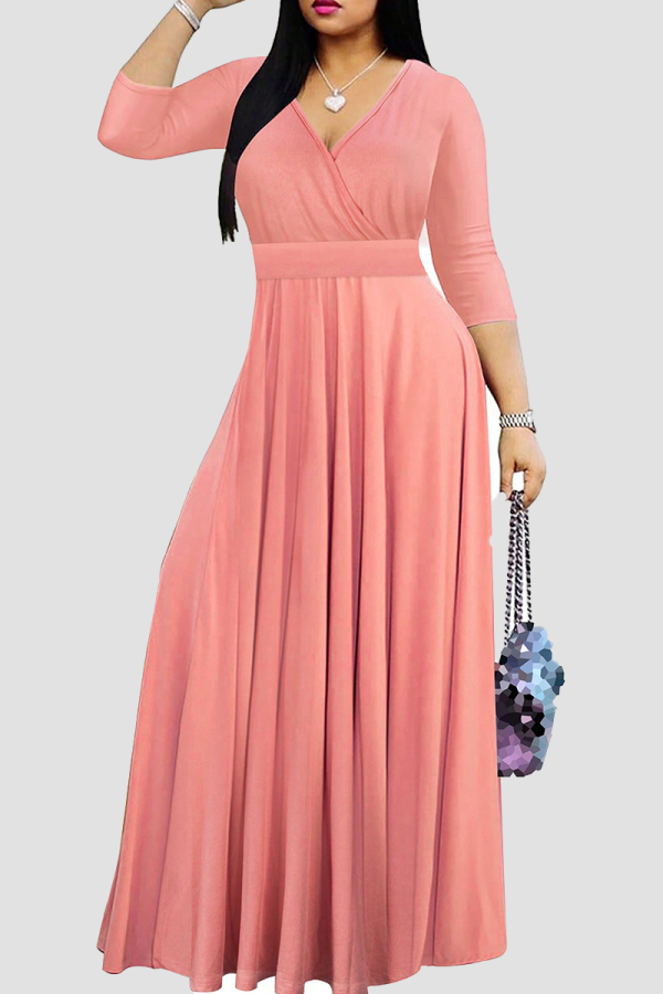 Pink Casual Solid Color Patchwork V Neck Long Dresses