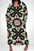 Green Yellow Casual Geometric Print Snakeskin Print Pocket Contrast V Neck Printed Plus Size Dresses