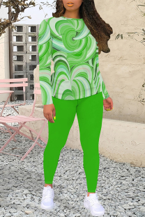 Green Casual Geometric Print Contrast O Neck Long Sleeve Two Pieces