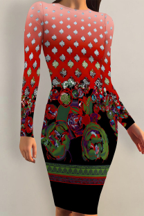Black Red Casual Floral Print Tie Dye Contrast O Neck Printed Dresses