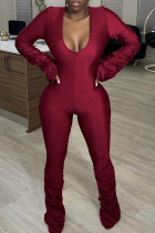 Burgundy Casual Solid Color Patchwork Deep V Neck Skinny Jumpsuits