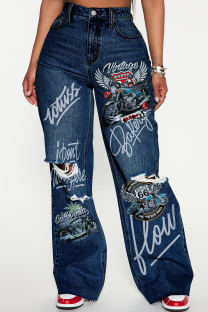 Dark Blue Casual Print Ripped Pocket Patchwork Mid Waist Loose Denim Jeans