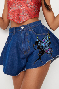 Dark Blue Casual Print Pocket Patchwork Mid Waist Loose Denim Shorts