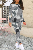 Red Casual Plaid Camouflage Print Contrast O Neck Long Sleeve Two Pieces