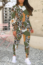 Green Casual Plaid Flowers Tiger Stripes Contrast O Neck Long Sleeve Two Pieces