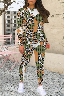 Green Casual Plaid Flowers Tiger Stripes Contrast O Neck Long Sleeve Two Pieces