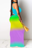 Gradient Color Casual Plaid Striped Print Gradient Contrast O Neck Long Dresses