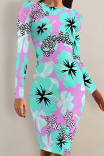 Light Blue Elegant Floral Print Contrast O Neck Printed Dresses