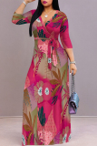 Rose Red Elegant Floral Print Pocket With Belt Contrast V Neck Printed Dresses