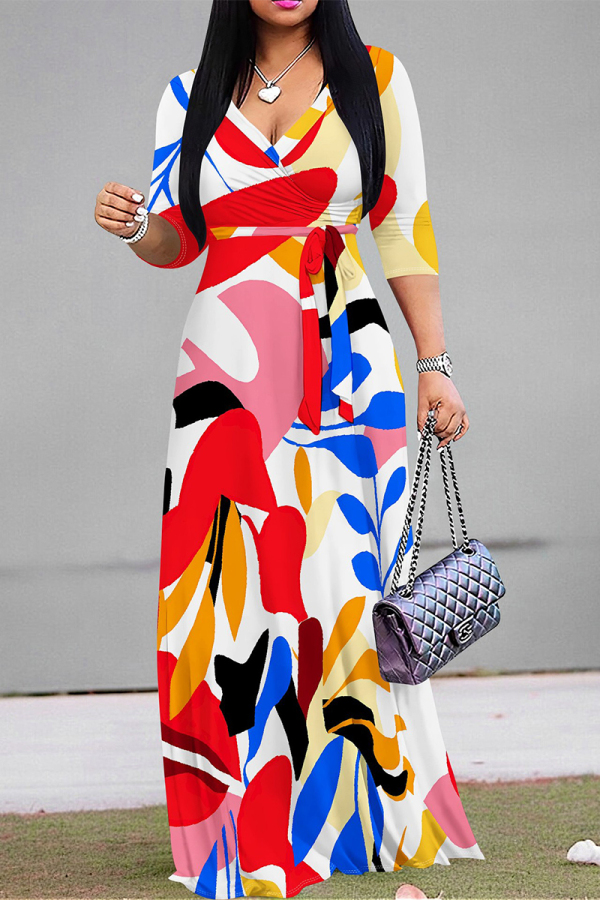 White Elegant Floral Print Pocket With Belt Contrast V Neck Printed Dresses