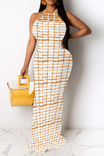 Orange Casual Plaid Striped Print Gradient Contrast O Neck Long Dresses