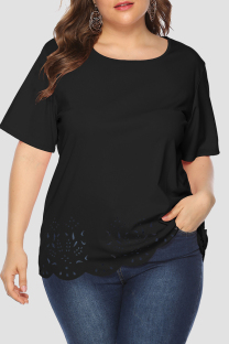 Black Casual Solid Color Hollow Out Patchwork O Neck Plus Size Tops
