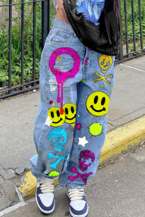 Light Blue Casual Print Pocket Patchwork Mid Waist Loose Denim Jeans