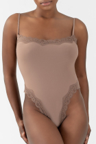 Khaki Daily Solid Color Lace Patchwork Spaghetti Strap Skinny Bodysuits