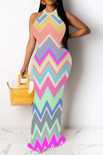Pink Casual Plaid Striped Print Gradient Contrast O Neck Long Dresses
