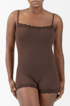 Coffee Sportswear Solid Color Lace Patchwork Spaghetti Strap Skinny Rompers
