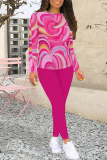Blue Casual Geometric Print Contrast O Neck Long Sleeve Two Pieces